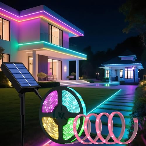 Bande LED Solaire Extérieure, 5m SMD 5050 LED Lumières Bande LED à Changement de Couleur RVB à...