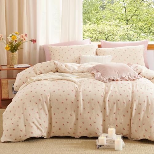 Lanqinglv Musselin Bettwäsche 200x220 Baumwolle Beige Blumen,Leinenoptik – Ansicht 1