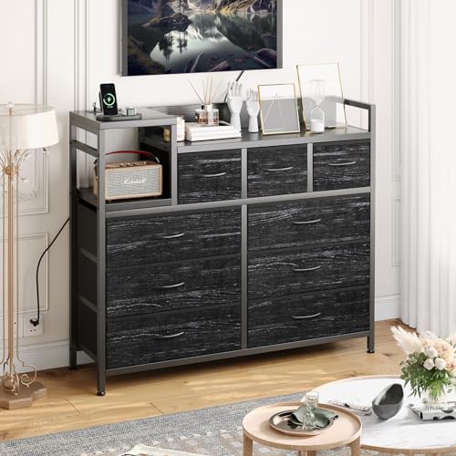 GarveeHome 9 Drawer Storage Bedroom Dresser TV Stand | Multi-Functional with Built-in Charging Station Tall Dresser for Closet Organization, Kids Room & Apartments, Black