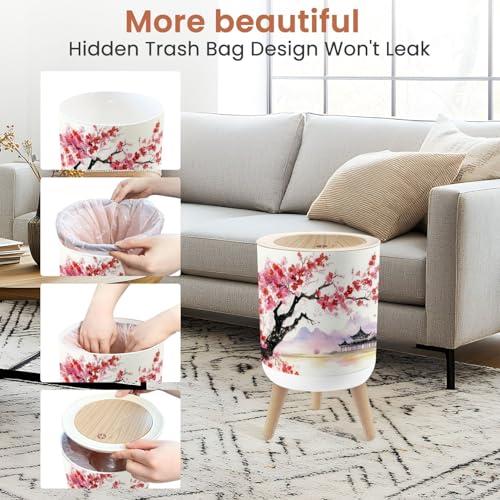 Image of Small Trash Can with Lid Realistic Blossom Japanese Cherry Tree White Watercolor 1.8 Gallon Dog Proof Trash Can Round Garbage Can Waste Bin Wastebasket for Bathroom Bedroom Living Room