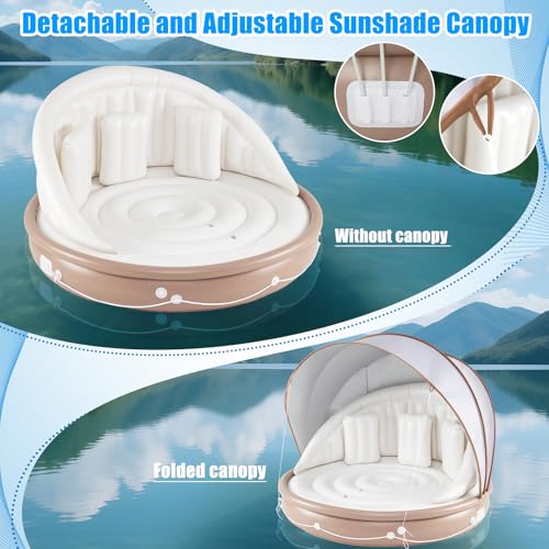 Image of Giantex Canopy Island Inflatable Lounge, Floating Island Raft w /SPF50+ Retractable Detachable Sunshade, Inflatable Pool Float Canopy w /2 Cup Holders Backrest Armrest for Pool Lake River