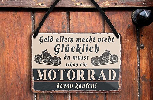 schilderkreis24 – Blechschild Lustiger Biker Spruch “Geld alleine macht nicht glücklich..“ Deko Metallschild Motorrad Garage Werkstatt Keller Motorradfahrer 18x12 cm
