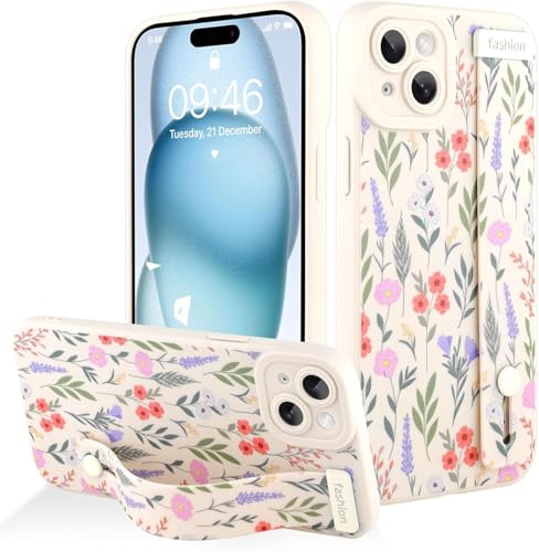 AIGOMARA for iPhone 14 Case with Strap, Cute Flower Silicone, White