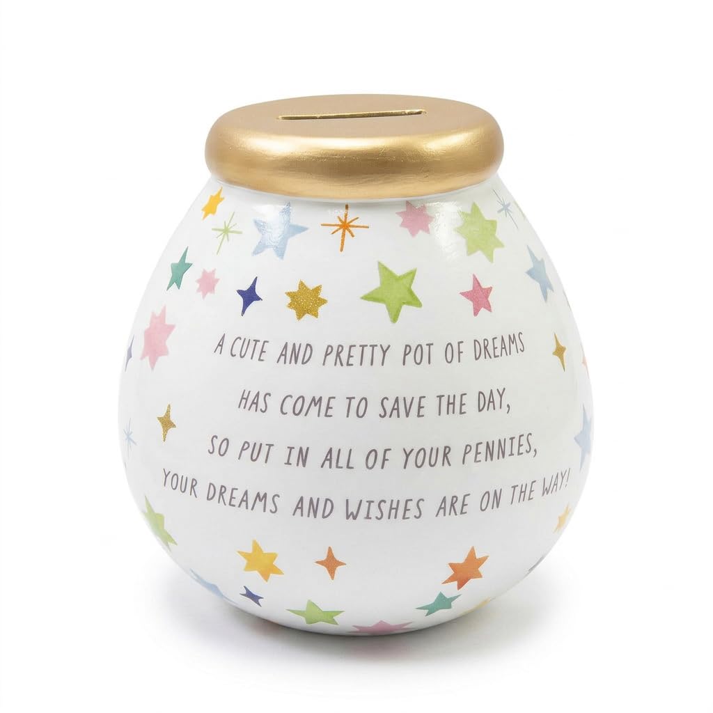 Pot of Dreams Star Money Box Ceramic Savings Pot with Gold Lid – Hand Painted Piggy Bank for Coins & Notes, Break to Open Savings Jar Gift Idea