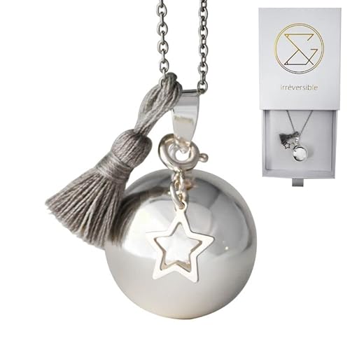 Bola de Grossesse Alice - 20MM avec chaine, 100% plaqué argent - ponpon gris pendentif étoile - Personnalisable, Création Française Cover
