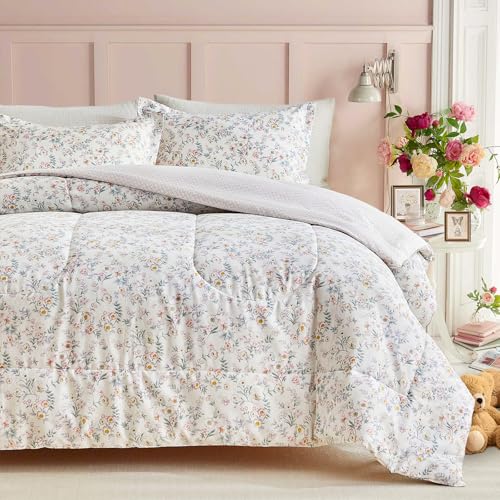 Joyreap 3pcs Floral Cotton Comforter Set for Girls, Little Flowers Pink n White Design, Queen Size Soft n Cozy Kids Bedding Comforter for All Season- 88x88 inches