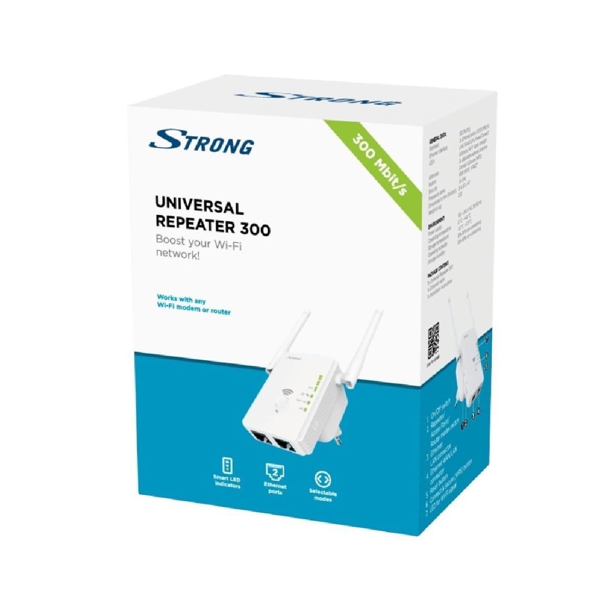 STRONG WLAN Repeater 300 V2, tryby pracy: uniwersalny repeater/punkt dostępowy/router, 300 Mbit/s przy 2,4 GHz, 2 porty LAN, wzmacniacz WLAN - biały, REPEATER300V2