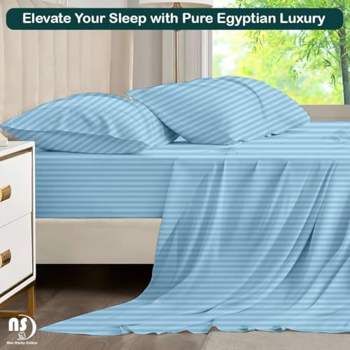 Image of NON Sticky cotton Premium 4 Piece Egyptian Cotton Fitted King Sheet Set, Hotel Quality Soft Breathable Bedding Sheets, 18 inch Deep Pocket, 78 inch X 80 inch, Light Blue Stripe