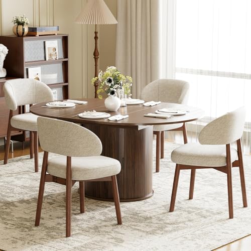 Image of MALOL 47 inch-63 inch Extendable Round to Oval Dining Room Table Chairs Set for 4-8, Modern Wooden Kitchen Table and Chairs with Hidden Storage and Fluted Design for Dining Room /Small Space(Walnut and Beige)