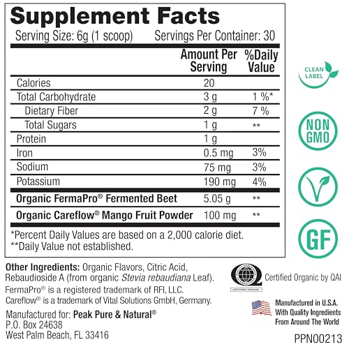 Image of Peak Pure & Natural Peak Organic Fermented Beets - Organic Fermented Beet Powder Superfood Drink Powder - Nitric Oxide Supplement Support for Normal Blood Pressure