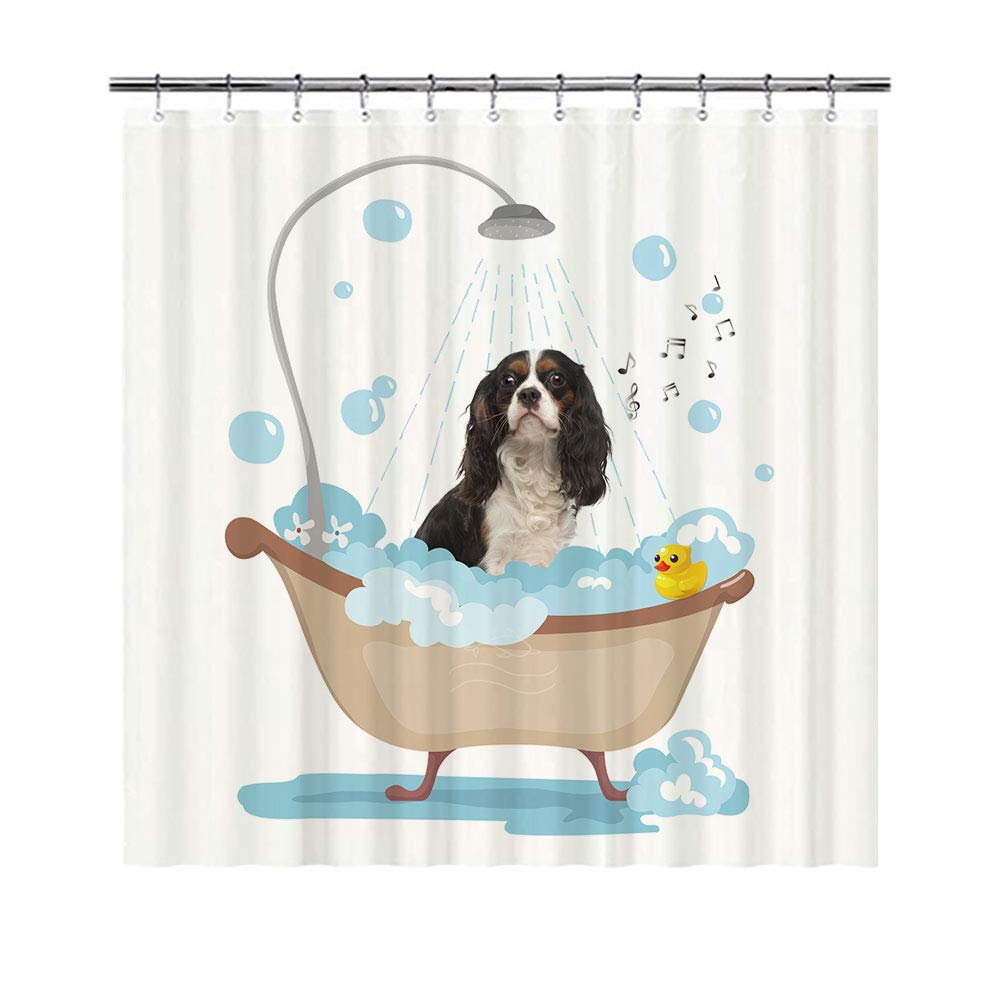 BAGEYOU Funny Dog Cavalier King Charles Spaniel in Bath Shower Curtains Cute Puppy Taking A Shower Waterproof Polyester Fabric Bathroom Curtain 72 x 80 Inch, With 12 Hooks