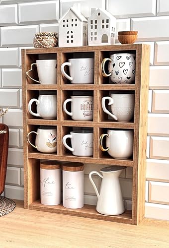 Image of Hamdan Collection Wall Mounted Mug Shelf - Coffee Cup Storage - Kitchen Wall Rack - Floating Cup Organizer - Rustic Coffee Bar Shelf (10 Compartment)