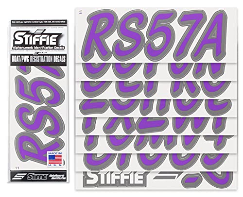 Image of STIFFIE Whipline Solid Purple /Carbon 3 inch Alpha-Numeric Registration Identification Numbers Stickers Decals for Boats & Personal Watercraft