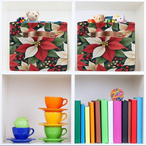 Image of Aslsiy Storage Basket Red White Poinsettias Holly Leaves (5) Nursery Bins Baby Box Canvas Clothes Shelf Basket Laundry Hampers 1 Pcs