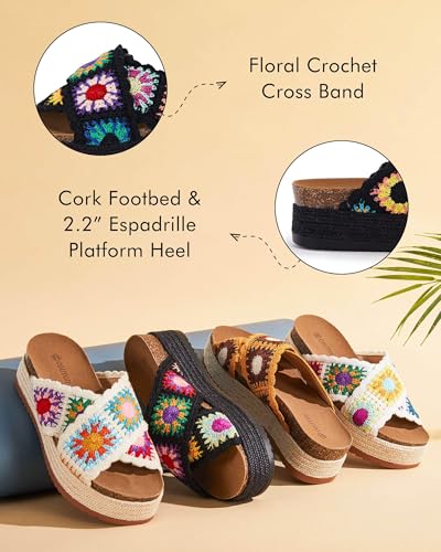 Image of Coutgo Womens Platform Espadrille Sandals Floral Crochet Open Toe Slides | 2.2-In Heels, Slip on, Cork Footbed, Cross Wide Strap, Summer Beach Vacation Shoes