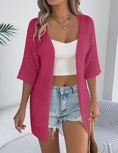 Image of Zeagoo Lightweight Summer Cardigan for Women Short Sleeve V Neck Crochet Kimonos Loose Open Front Hollow Out Cover Ups