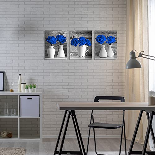 Wall Art Canvas Blue Rose Painting Flower Wall Art Pictures For Bedroom Living Room 3 Piece Set Framed Home Decor Artworks 24"X36" #TOP4