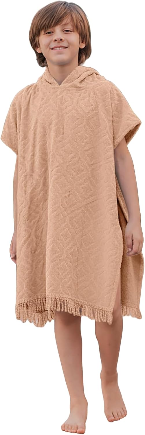 ALLEN & MATE 100% Cotton Hooded Towel for Kids - 400 GSM, Safety Certified, Soft & Absorbent | Medium Lightweight Swim Poncho Changing Robe for Boys Girls Toddler 2-12 Years (Beige Diamond, 2-6 Years)