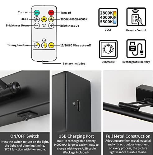 Jusheng Dimmable Black Picture Light Battery Operated 16'' Inch, Rechargeable Gallery Light With Swing Arm And Timer Function, Full Metal Wireless Painting Lights For Display, Artwork, Canvas #TOP4