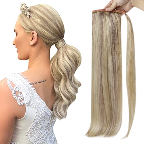 Full Shine Ponytail Extension Real Human Hair Ash Blonde Highlighted Bleach Blonde Hair Ponytail Hair Piece for Women 12 Inch Human Hair Ponytail 70g Clip in Ponytail Hair Extensions