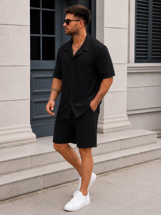 Image of Zilcon Men's Textured Co-Ord Set | Half Sleeve Cuban Collar Shirt & Shorts | Casual Summer Lounge Wear | Premium Matching Outfit