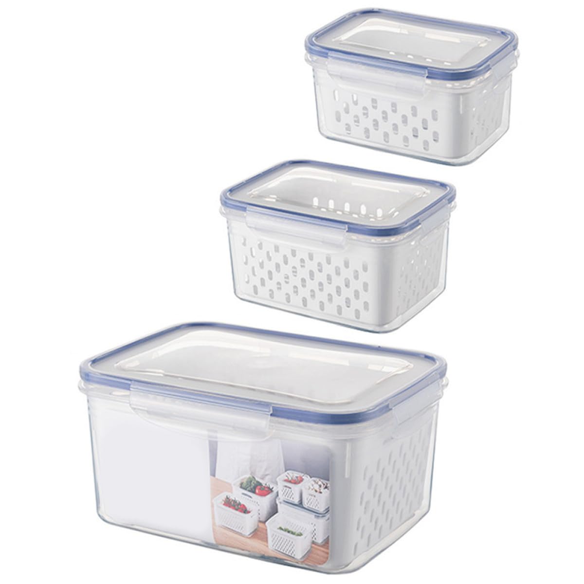 SHINEOFI Contenedores de Alimentos Rectangulares 3 Piezas Transparentes con Tapa y Cesta Escurridora Desmontable para Refrigerador, Cajas Herméticas para Frutas y Verduras, Almacenamiento