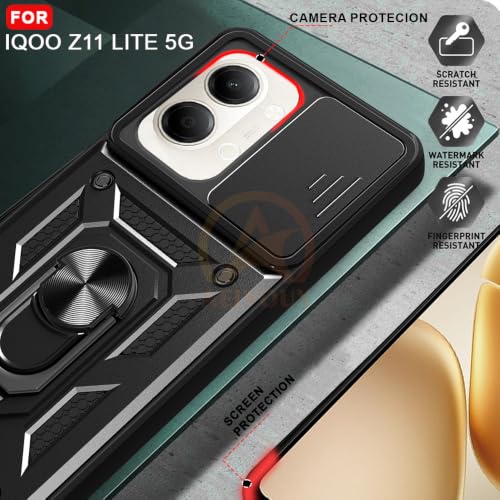 Image of Armor Bumper Back Cover Case for iQOO Z11 Lite 44W 5G Rotating Camera Cover, Ring Holder & Kickstand | Heavy Duty & 360 Degree Protection Back Cover for iQOO Z11 Lite 44W 5G (Black)