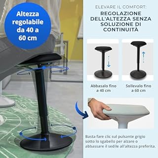 Backerz Sgabello Ergonomico - Sgabello Girevole da 40 a 60 cm con effetto dondolo - Sedia da Ufficio per Casa, Ufficio, Studio - Cuscino a Schiuma, Esterno in Lino Impermeabile - Nero Opaco