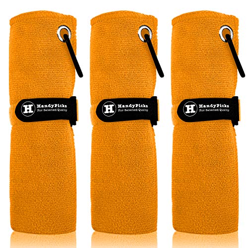 Handy Picks Serviette de Golf en Microfibre (40 x 40 cm) avec Mousqueton, Fermeture Auto-agrippante - Le Pack de Serviettes de Nettoyage de Golf Pratique, Orange Cover