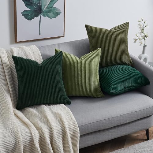 Image of Topfinel Christmas Decorative Throw Pillow Covers Green Series,Winter Fluffy Corduroy Striped Euro Pillows Shams for Couch Bed Bedroom,Western Modern Hunter Green Pillowcase 24x24 Inch Set of 4