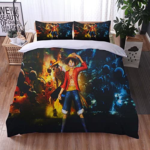 YYOTTS Housse De Couette One Piece 1 Et 2 Personnes 200x200 Coton, Parure De Lit ACE avec Fermeture Éclair Anime Drap De Lit avec 2 Taie d'oreiller pour Enfants Filles Garçons (3,UK Double 200x200cm)