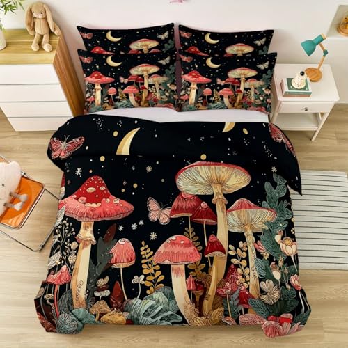 Funda Nórdica de Halloween 200 x 200 cm - Vintage Jardín Setas Juego de Funda Nórdica de Fácil Cuidado 3 Piezas, Negro Suave Microfibra para Niños Niñas Adolescente