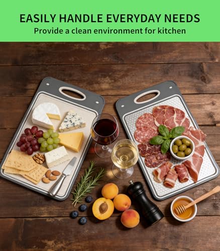 Cozary Doppelseitiges Schneidebrett, Edelstahl-Schneidebrett für die Küche, lebensmittelechter 304-Edelstahl und Weizenstroh, Cutting Board für Fleisch, Brot, Gemüse & Obst(35x24cm)