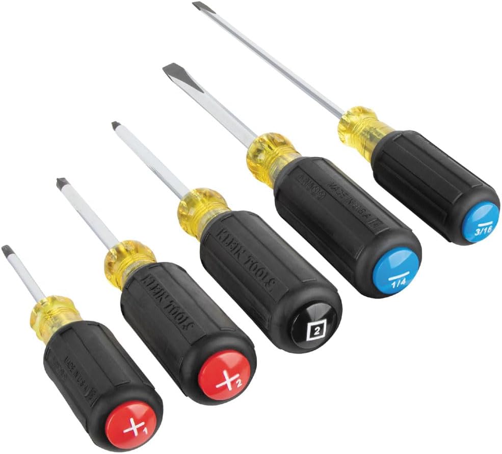 Klein Tools 80031C 5-Piece Color-Coded Screwdriver Set, Made in USA, featureing Precision Tips, Cushion-Grip Handles, 2 Slotted, 2 Phillips, 1 Square, Great for Home Improvement