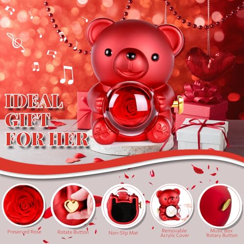 Ewige Rosen Bär Geschenk für Frauen, Ewige Rose Teddybär mit Halskette und Musikdose, Geburtstagsgeschenk für Frauen, Eternal Rose Weihnachten Geschenke für Freundin Valentinstag Mama Geburtstag