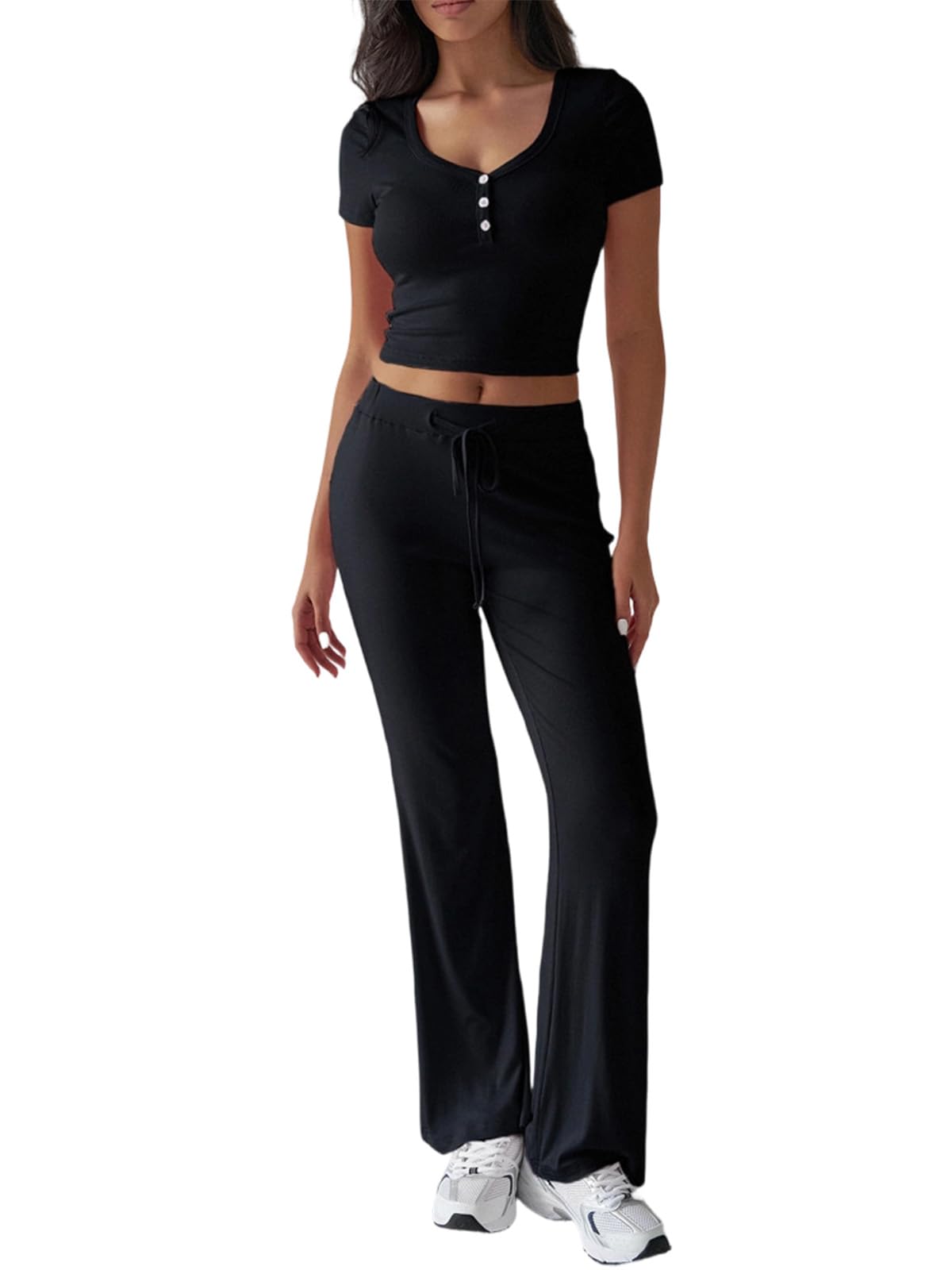 Rayson Conjunto Deportivo Mujer 2 Piezas Manga Corta Top y Pantalón Chándales Para Mujer de Cintura Alta con Cordón para Fitness Yoga