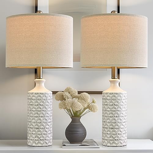 Pokat 24" Modern Contemporary Ceramic Lamp Set Of 2 For Living Room White Desk Decor Lamps For Bedroom Farmhouse Bedside Nightstand End Table Lamps Bulb Included #TOP2