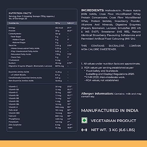 Image of Nutrabay Gold Bulk Up Mass Gainer Powder - 3kg, Strawberry | 30g Protein, 104g Carbs, 554 Calories | Easy to Digest | 100% Veg Muscle Building & Weight Gainer Supplement for Men & Women