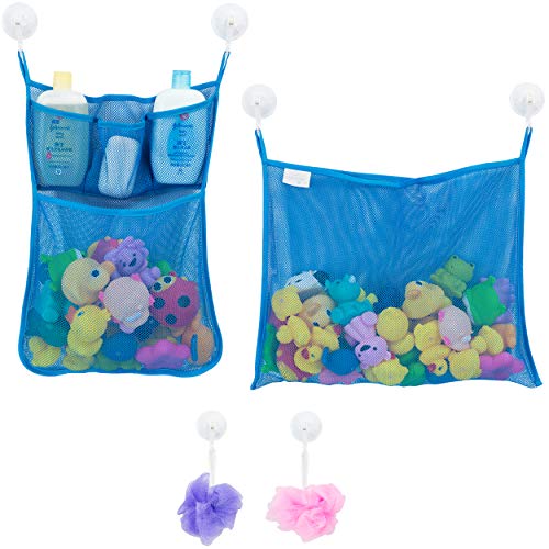 Image of 2 x Mesh Bath Toy Organizer + 6 Ultra Strong Hooks – The Perfect Bathtub Toy Holder & Bathroom or Shower Caddy – These Multi-use Net Bags Make Baby Bath Toy Storage Easy – For Kids & Toddlers