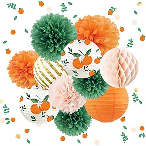 NICROHOME Little Cutie Party Decorations, 12 PCS Orange Paper Lanterns Tissue Pom Poms Gold Foil Dots Confetti for Wedding, Birthday, Baby Bridal Shower, Spring Party Cover