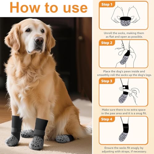 2 Paar/4 Stück Anti-Rutsch-Hundesocken, Doppelseitige Anti-Rutsch Hundesocken mit Verstellbarem reflektierendem Klettverschluss Hundestiefel für den Pfotenschutz von Hunden Innenbereich (Schwarz,XL)