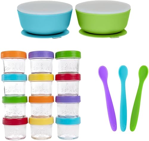 WeeSprout Paquete de alimentación para bebés, tarros de vidrio para almacenamiento de alimentos, 2 ventosas de silicona, 3 cucharas para bebés de