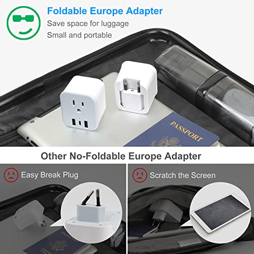 2 Pack European Travel Plug Adapter Foldable Type C/L 2 In 1 Europe Italy Power Plug Adapter With 3 Usb (1 Usb C Port) 1 Ac Outlets Travel Essentials For Most Of Eu Italy France Germany Spain #TOP2