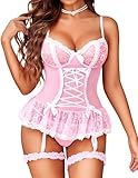 Avidlove Lingerie for Women Lace Bodysuit V Neck Babydoll Lingerie Sleepwear Nightgown Pink M