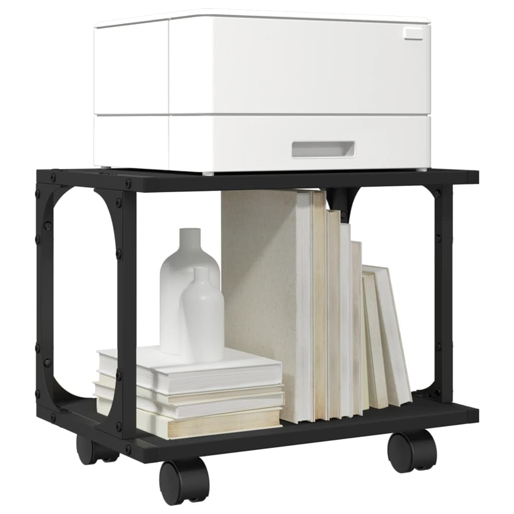 Druckerständer mit 2 Ablagen Schwarz Holzwerkstoff und Stahl 41x28x33,5 cm mit Rollen 2 Bremsen flexibel als Druckertisch, Büroorganisation, Regal und Ablage für Homeoffice