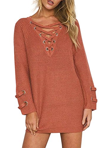Simplee Apparel Women's Long Sleeve Lace up Knit Pullover Sweater Dress Red,One Size