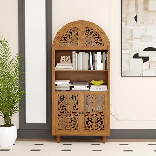 MaiDeHaoo Vintage Arched Wood Cabinet with Freestanding Display, Tall Hand Carved Storage Bookcase with Open Shelf for Home Office, Hollow Accent Credenza for Living Room