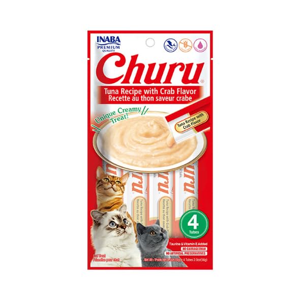 INABA Churu Cat Treats, Grain-Free, Lickable, Squeezable Creamy Purée Cat Treat/Topper with Vitamin E &amp; Taurine, 0.5 Ounces Each Tube, 24 Tubes (4 per Pack), Tuna with Crab Recipe