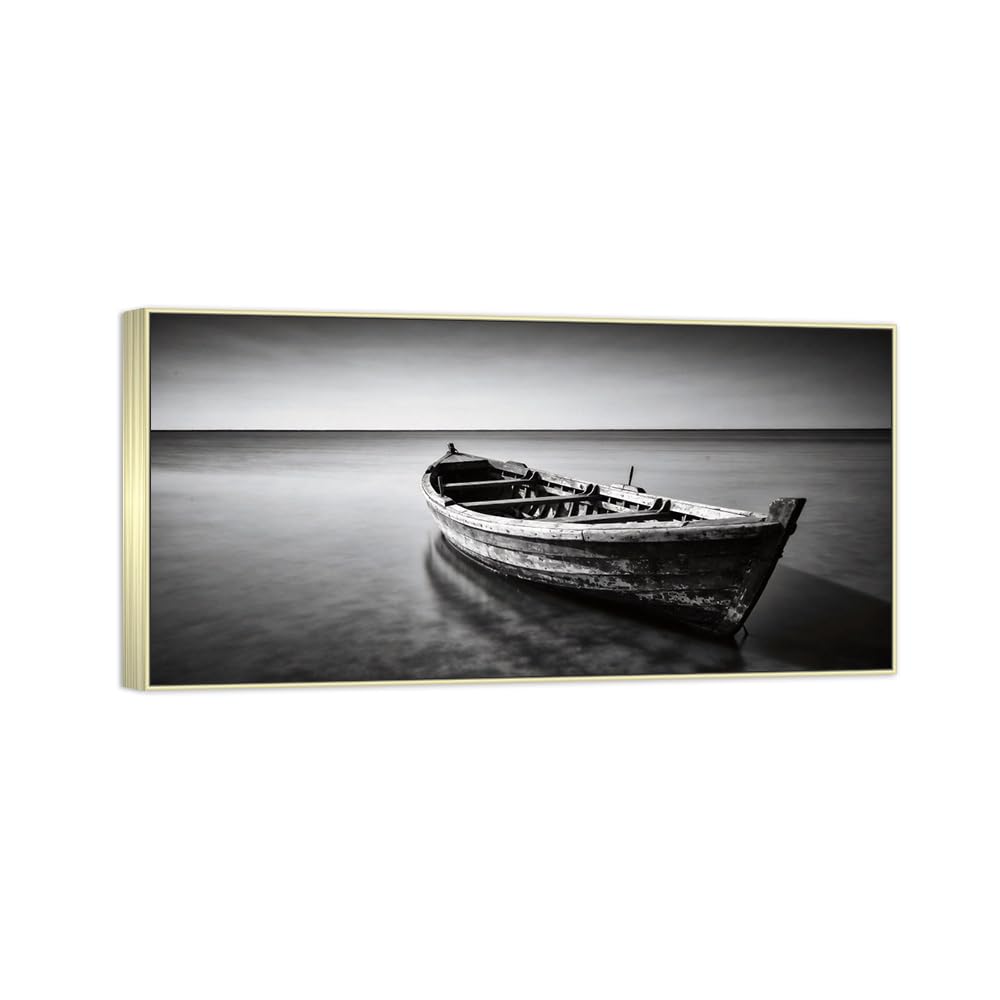 Lake Boat 2 Black White Landscape Canvas Picture 20x40cm Silver Frame
