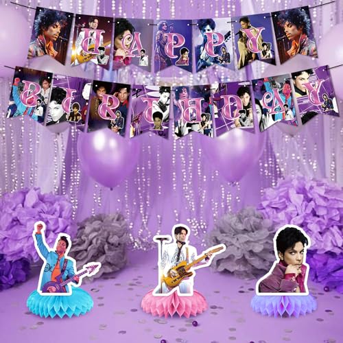 Image of Prince Singer Party Decorations, Rock Singer Theme Birthday Banner Honeycomb Centerpieces Hanging Swirls Party Latex Balloons for Fans Birthday Baby Shower Party Supplies